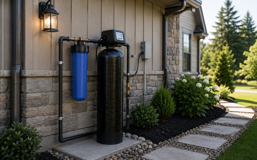 Outdoor carbon filtration system installed beside a home