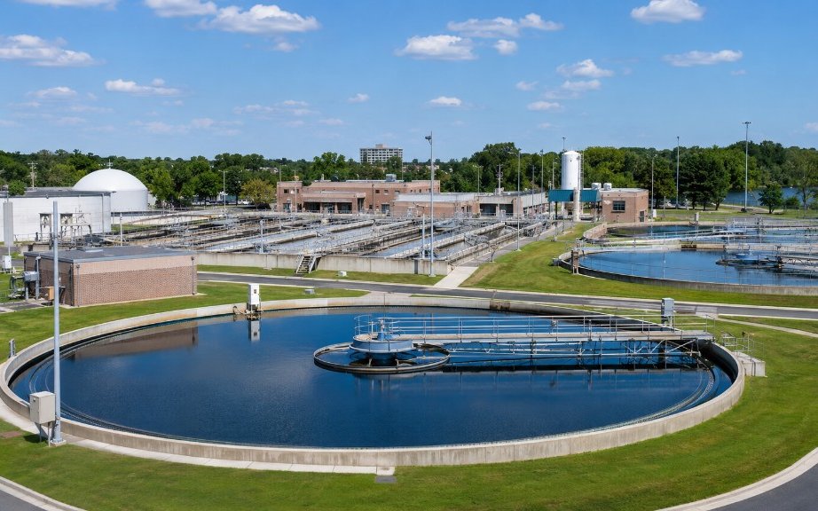 Municipal water treatment plant serving city homes