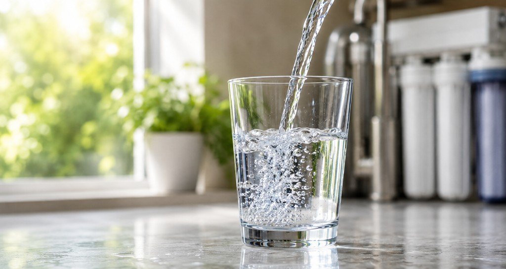 Clear drinking water poured into a glass after carbon filtration