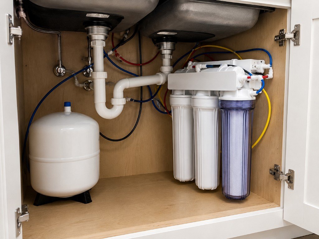 Under-sink water filtration installation with filter housings and tubing