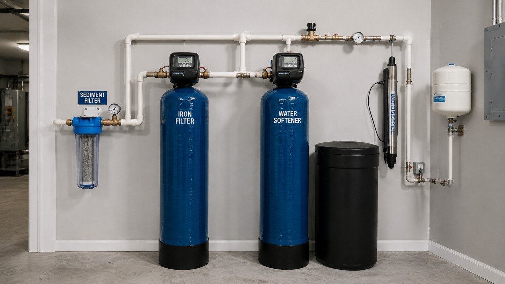 Well water treatment tanks and filtration equipment installed at a home